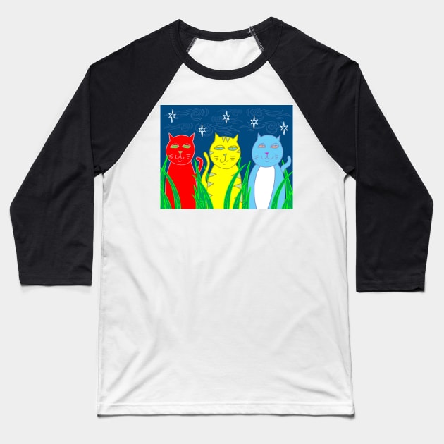 Three Cats in the Night Baseball T-Shirt by funkyfolkart